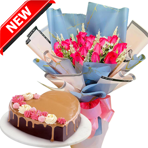 12 Pink Roses Bouquet & Goldilocks Choco Caramel Valentine Cake ...